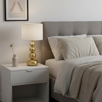 Lampe de table en métal à sphères empilées, LED dorée de luxe, style moderne et minimaliste, base E14, abat-jour en tissu blanc pour la décoration de chevet