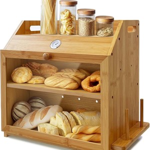 Bamboo Bread Storage Box 15.7in Double Layer Solid Wood Kitchen Bread <b>Bin</b> With Humidity Gauge For Home Use - Product Image 2
