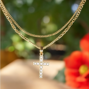 Bracelet chaîne tendance en acier inoxydable 316L avec placage or PVD, pendentif croix, design double couche - Product Image 3