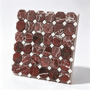 Mosaïque octogonale en marbre rouge, dos en maille, 305x305mm, avec copeaux carrés blancs, pour la décoration murale de salle de bain et de cuisine - Product Image 3
