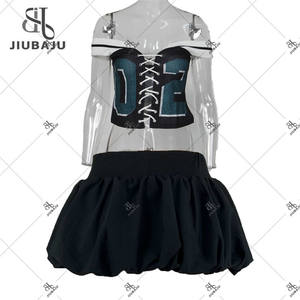 أزياء Y2K ضمادة لطيف قطعتين مجموعات النساء الخامس الرقبة الدانتيل ضمادة ضئيلة أعلى المحاصيل و مصغرة منتفخ التنورات ملابس - Product Image 3