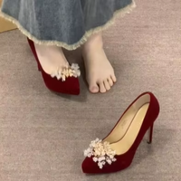 Chaussures de mariée pour femmes, talons hauts à plateforme épaisse, talons aiguilles, 7 cm, velours rouge, printemps, été, automne, nouveauté