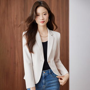 Women's Blazer Apricot Color Solid Short Style Casual No-Wrinkle Treatment Polyester Fabric - Product Image 1