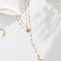 Collier à plusieurs rangs en perles européennes et américaines à la mode, motif lune, chaîne fine en acier inoxydable pour femmes