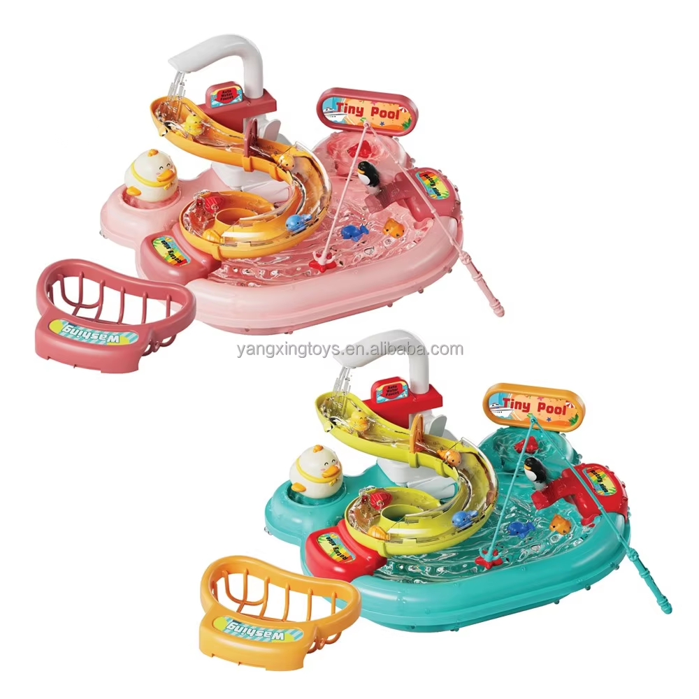 Children Play with Water Fishing Toys and Assemble Magnetic Small Tools on the Electric Water Circulation Sink