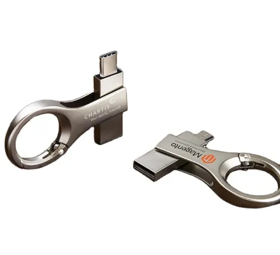 Nuevo logotipo personalizado de doble uso anillo de metal llavero tipo C USB Flash Drive Stick para teléfono móvil 64GB y 16GB de capacidad estilo pluma