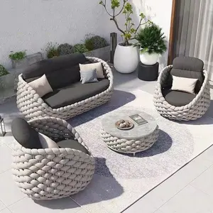 舒适豪华防水EQ织带花园角落柳条编织沙发套装铝蛋椅，带垫子