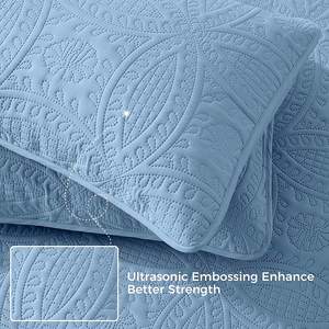 3 pièces Couvre-<span class=keywords><strong>lit</strong></span> Oversize Reine À Ultrasons Gaufrage Léger Couette Ensemble Doux Réversible Couverture pour Toute La Saison <span class=keywords><strong>Bleu</strong></span> Clair - Product Image 5