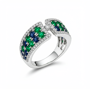 Custom Open Band <b>Ring</b> with Green and Blue Gemstones in Pave Diamond Setting Modern Geometric <b>Statement</b> <b>Ring</b> - Product Image 1