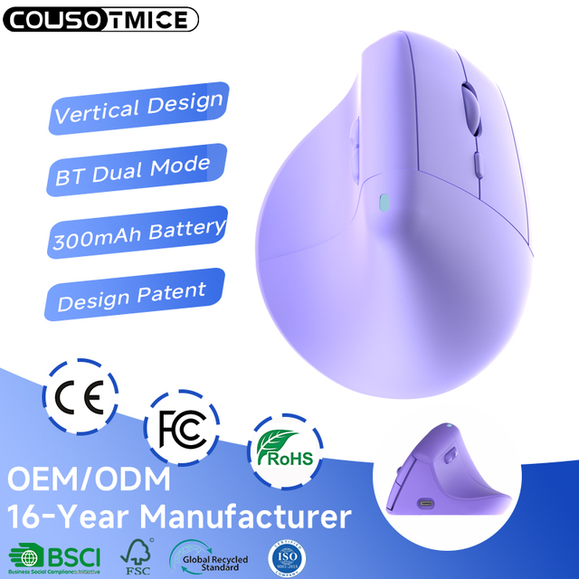 2.4G BT1+BT2 Bluetooth Ergonomic Mouse Lift Office Quite Mute Click Computer Mice Rechargeable Vertical Mouse for PC Laptop