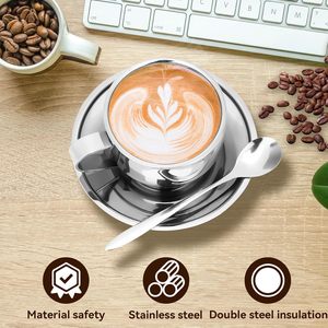 Juego de Tazas de Espresso de Acero Inoxidable de Doble Pared con Platillo y Cuchara para Café, Té y Bebidas Calientes Aisladas en Casa u Oficina - Product Image 2