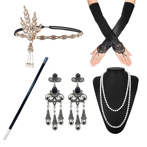 1920s <b>Flapper</b> <b>Girl</b> Costume Jewelry Set With Headband Necklace Earrings Gloves And Cigarette Holder For Women Party <b>Dress</b> Up - Product Image 1