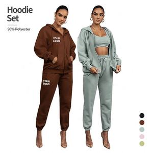 Vente en gros Ensemble de jogging zippé 2 pièces pour femmes avec impression de logo personnalisé Sweatshirts à capuche et Sweats à capuche pour la saison d'automne Style décontracté - Product Image 2