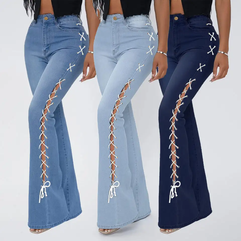 Side Chain Patchwork Denim Jeans Women Flared Trousers High Waist Stretch Slim Ripped Jeans Cargo Pants