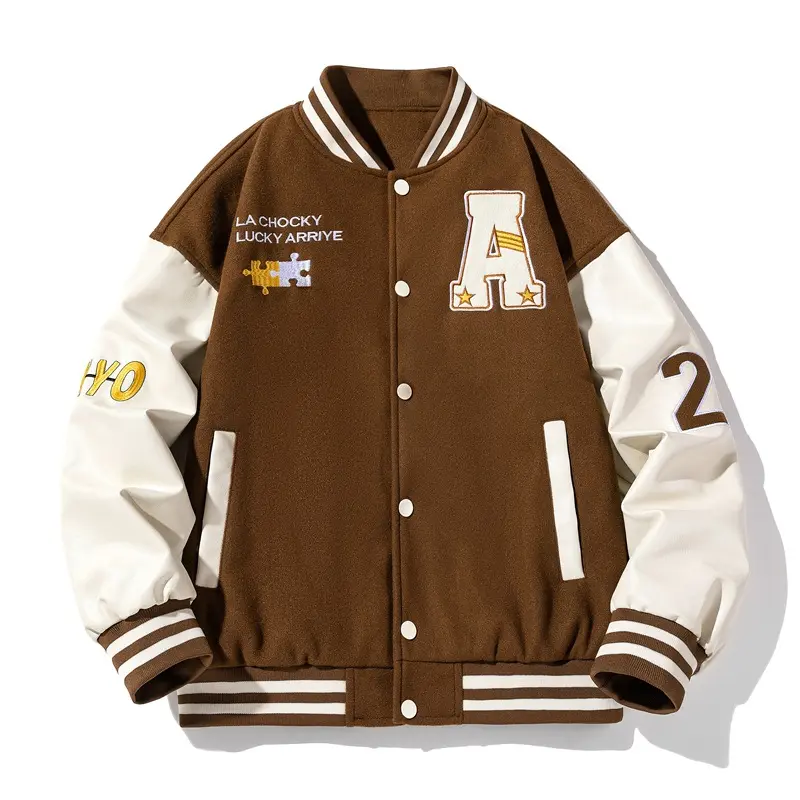 Dropshipping hombres Varsity chaqueta negro PU mangas moda cuero grueso béisbol chaquetas personalizado lana lona tela soporte Suelto