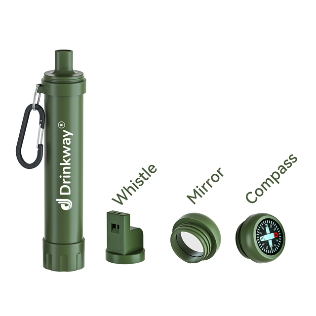Outdoor Multifunctional Survival Personal Lightweight Portable Water Filter Straw with Survival Whistle Compass Mirror
