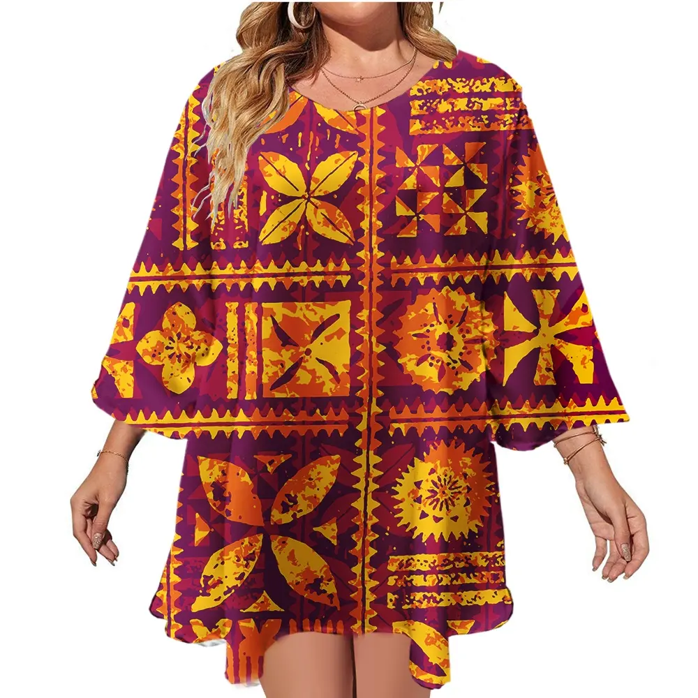 Offres Spéciales polynésien Elei Tribal Design personnalisé fête Blouse décontracté mode Vintage Tapa grande taille en mousseline de soie T-shirt femme