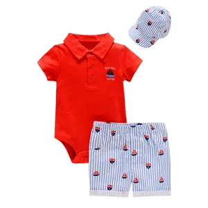 Grosir Pakaian Bayi Musim Panas Baru Lahir Anak Laki-laki Jumpsuit Set Katun Lengan Pendek Baju Monyet Bayi + Celana