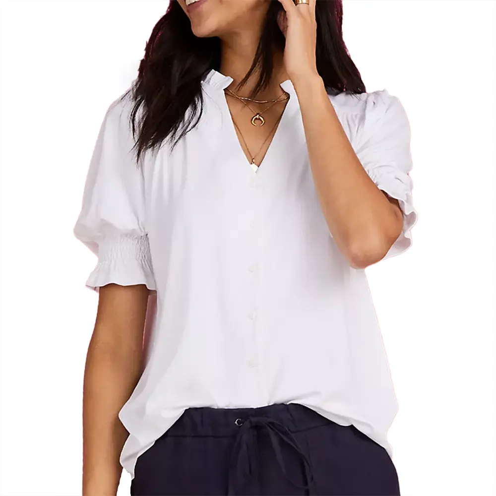 Pabrik langsung dirancang khusus Ruff garis leher manset warna Solid kancing wanita Shirte blus elegan