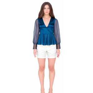 OLAESA ODM Custom Designer estiva scollo a V con <span class=keywords><strong>maniche</strong></span> in <span class=keywords><strong>Organza</strong></span> arruffate Top Shirt Casual - Product Image 1
