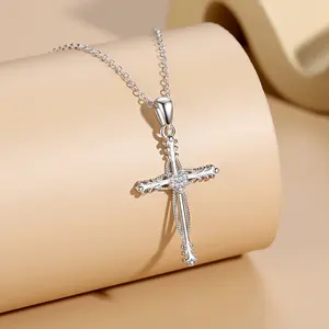 Wholesale Jewellery Rhodium Plated 925 Sterling Silver Cubic Zirconia Christian Jesus Link Chain Cross Pendant Necklace Women