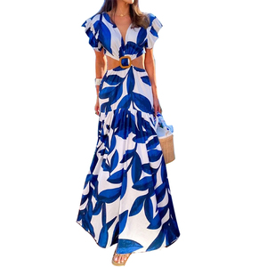 Vestido con Estampado de Hojas para Mujer - Escote en V Profundo, Mangas Cortas con Volantes, Cintura Recortada, Falda Maxi Escalonada, Elegante Atuendo para Vacaciones y Fiestas - Product Image 6