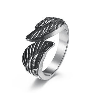 Unique vintage distressed wing guardian angel wings titanium steel <b>ring</b> for men and women, unisex <b>couple</b> jewelry. - Product Image 5