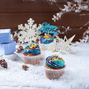 Décorations de cupcakes Joyeux Anniversaire à paillettes, pics pour cupcakes Joyeux Anniversaire, thème Fête des Merveilles d'Hiver pour Anniversaire - Product Image 2