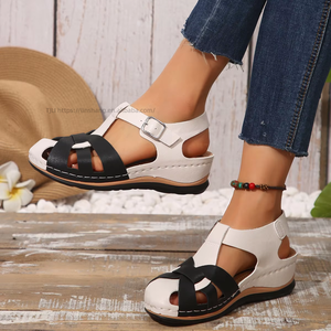 Women Summer New European Style Color <b>Block</b> Wedge Sandals Hollow Thick Sole Closed Toe Hole Sandals Wholesale - Product Image 2