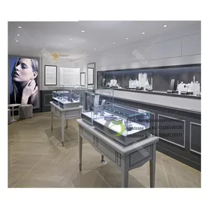 Mostrador de joyería de acero inoxidable de Vidrio Curvo, vitrina de joyería de lujo personalizada, escaparate de joyería de lujo