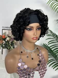 <b>Headband</b> Bouncy Wig Super Double Drawn Quality 100% Human Hair <b>Curly</b> Wig Full Density 12 Inches Short Machine Made Wig - Product Image 3