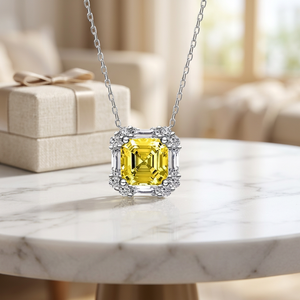 Asscher Cut Yellow Moissanite Halo <b>Charm</b> <b>Necklace</b> Sterling Silver Luxury GRA Certified Prong Set Fine Jewelry Women - Product Image 1