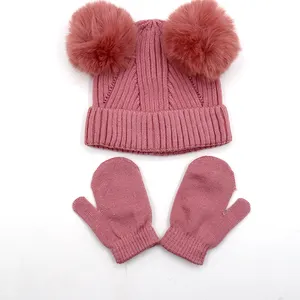 Seingman – ensemble de gants à Double pompon en tricot côtelé pour enfants, bonnet, chapeau pour bébé, B0503C