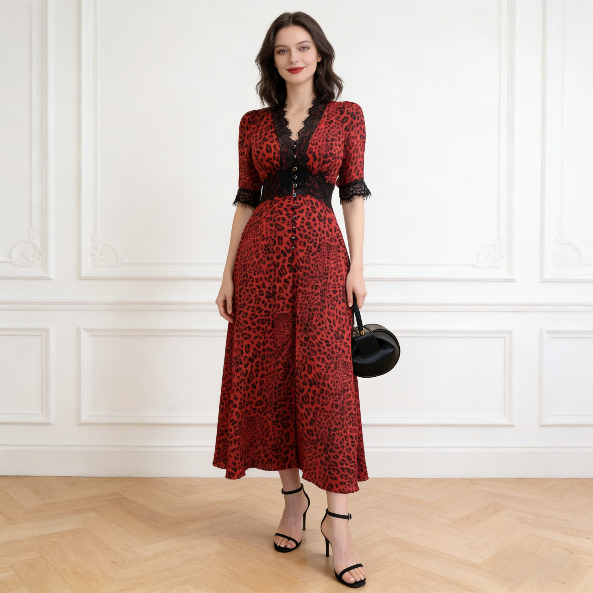 chinese dress ladies Sleek Leopard Print Lace And Satin Midi Dress