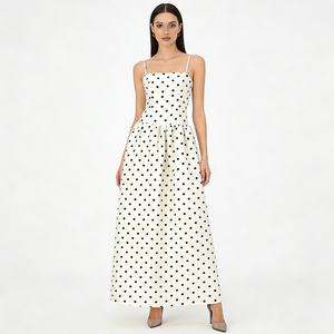 Robe longue à bretelles spaghetti à pois pour femme - Tenue élégante de soirée de mariage, de fête pour filles, col carré, jupe évasée - Product Image 3