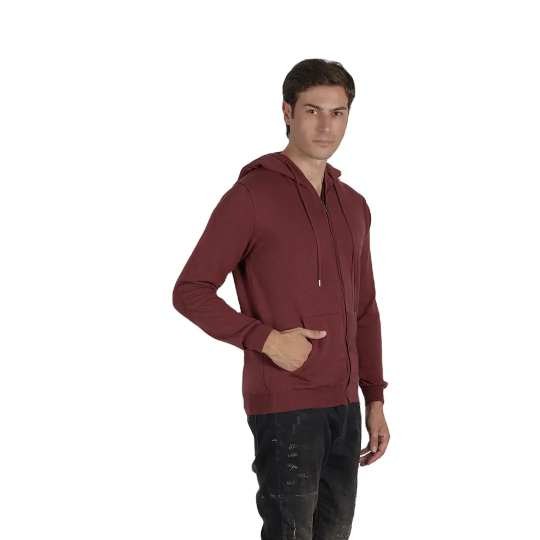 High quality full zip up hoodie for men 90% cotton 10% cachemire with lateral pockets rust color