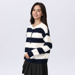 Womens <strong>Woolen</strong> Stripe Knitted <strong>Tops</strong> 100% Wool Elegant Crew Neck Knitted Pullover with Elastic Ribbed Hem - Product Image 4