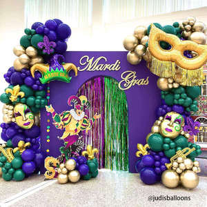 Soporte de telón de fondo portátil para entrada de 10x9 pies, con diseño de puerta de bienvenida de Mardi Gras morado, decoración de pared de tela tensada para fiestas y baby showers - Product Image 3