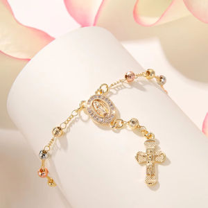 Joyería Religiosa, Virgen de Guadalupe, Cruz con Circonitas, Pulsera con Colgante de la Virgen María, Bañada en Oro de 14k, Pulsera con Cruz de Rosario Tricolor - Product Image 1