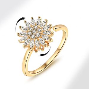 Anillo Giratorio Antiestrés de Cobre con Diseño de Girasol Brillante para Mujer, Joyería Ajustable - Product Image 2