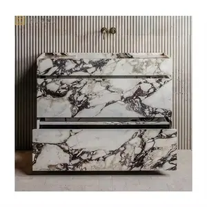 HUAXU Luxury Marble Vanities Bathroom Cabinet Modern Calacatta Viola Marble Slab Drawer Bathroom Vanity With Sink