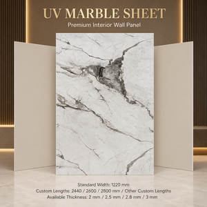 Panneau mural moderne en PVC MORLENX gris clair effet marbre UV, étanche et brillant, pour appartements, hôtels, cuisines et halls. - Product Image 1