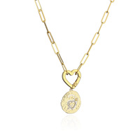 Collier personnalisé en acier inoxydable 316 plaqué or 18 carats avec pendentif ovale martelé, flèche, cœur et zircon, chaîne trombone pour femme
