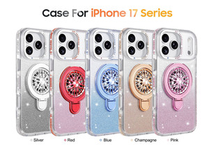 Funda de Teléfono TPU PC con Brillantina y Diamantes Incrustados para <span class=keywords><strong>iPhone</strong></span> 17 16 15 Pro Max con Soporte Giratorio de 360 Grados - Product Image 2