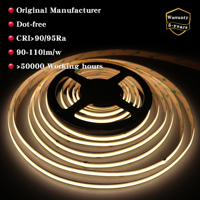OEM ODM COB LED Strip 320/480/528 LEDs/m CRI90/95RA Even & Glare-Free Uniform Soft Lighting High Density Led Strip 5m/10m Roll