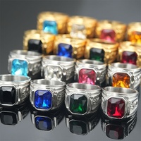 Bague Chevalière Double Dragon pour Homme avec Pierre Rectangulaire Colorée et Côtés Sculptés, Bijou Punk, Tons Or et Argent