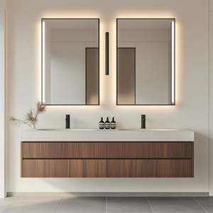 Mueble de Baño Moderno de Lujo en Madera Maciza con Cajón de Almacenamiento de PVC y MDF, Espejo de Media Luna con LED y Encimera de Mármol - para Hoteles - Product Image 2