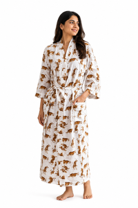 Bata de algodón rizado con estampado de tigre, tipo kimono maxi, con cinturón y bolsillos, lavable a máquina, para mujer, ideal para estar en casa. - Product Image 1