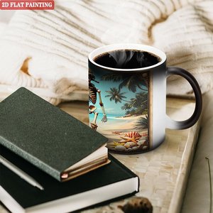 Tasse créative à révélation de chaleur, noire givrée, 11 oz, en céramique, à changement de couleur, motif squelette de plage - Product Image 3