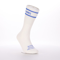 Chaussettes blanches personnalisées avec bordure rayée bleue et impression de texte, logo personnalisé, texte personnalisé et tissu tricoté de qualité supérieure